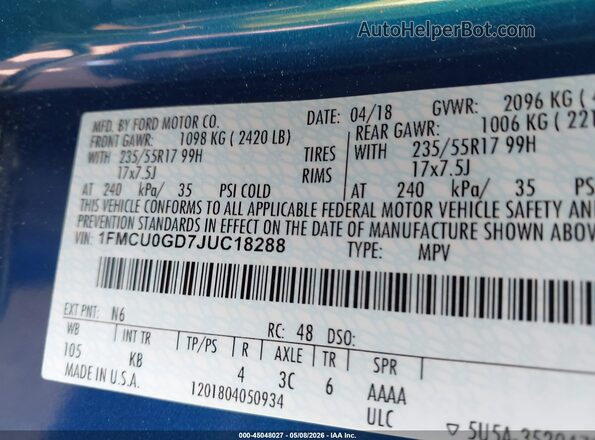 1FMCU0GD7JUC18288 2018 FORD ESCAPE Синий Вид подкапотного пространства