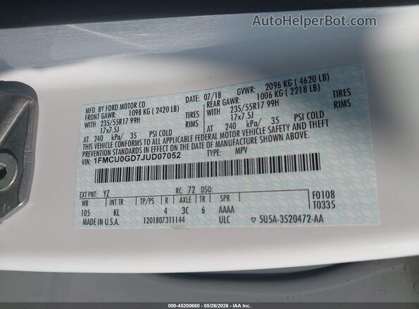 1FMCU0GD7JUD07052 2018 FORD ESCAPE Белый Вид подкапотного пространства