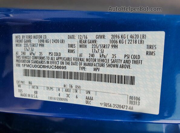 1FMCU0GD8HUC58695 2017 FORD ESCAPE Синий Вид подкапотного пространства