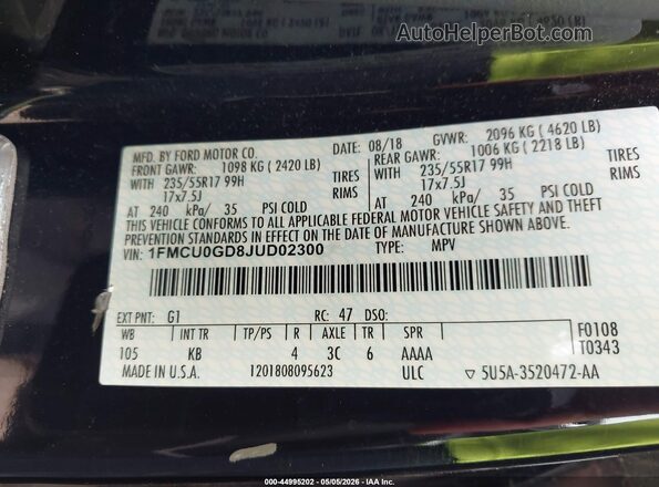 1FMCU0GD8JUD02300 2018 FORD ESCAPE Черный Вид подкапотного пространства