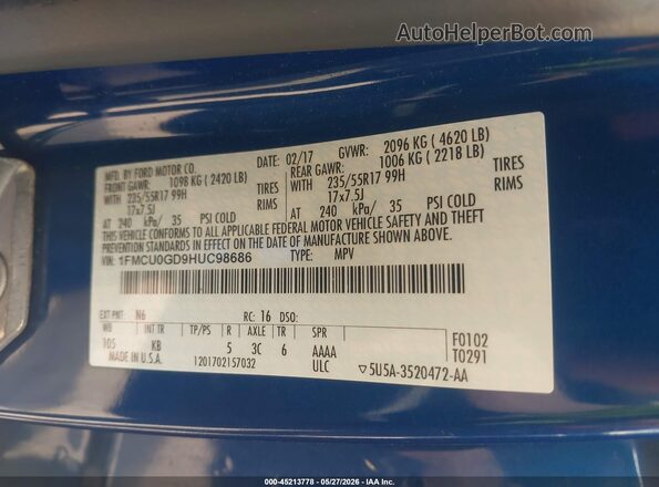 1FMCU0GD9HUC98686 2017 FORD ESCAPE Blue Вид підкапотного простору
