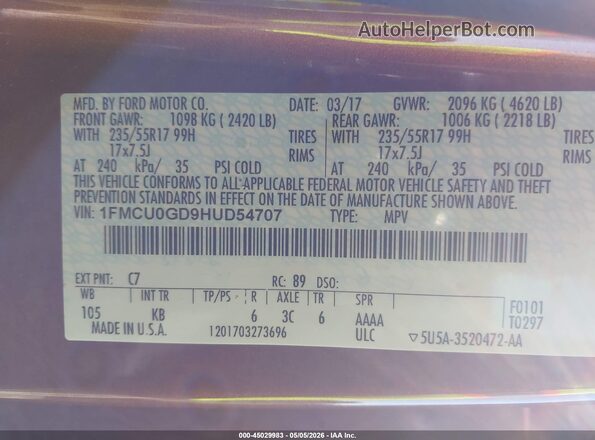 1FMCU0GD9HUD54707 2017 FORD ESCAPE Оранжевый Вид подкапотного пространства