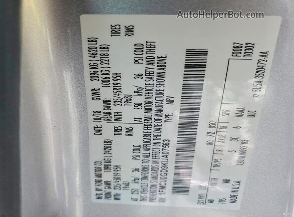 1FMCU0GD9KUA07563 2019 FORD ESCAPE Серебряный Вид наклейки с VIN-кодом