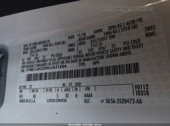 1FMCU0GD9KUA31264 2019 FORD ESCAPE Белый Вид подкапотного пространства