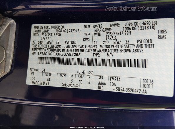 1FMCU0GX0GUA93265 2016 FORD ESCAPE Синий Вид подкапотного пространства