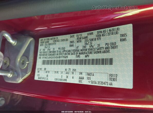 1FMCU0GX3GUB17025 2016 FORD ESCAPE Maroon Vista del compartimento del motor
