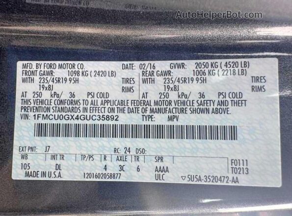 1FMCU0GX4GUC35892 2016 FORD ESCAPE Серый 