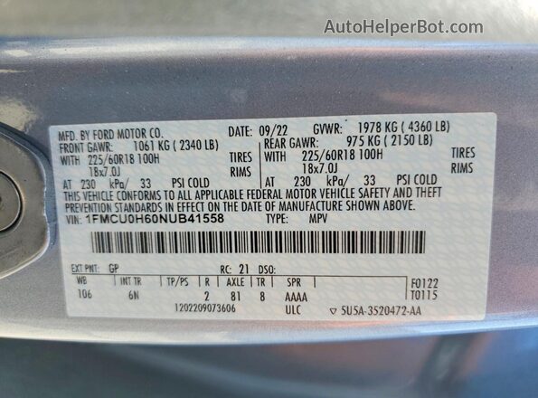 1FMCU0H60NUB41558 2022 FORD ESCAPE Blue Панорамний вид салону 360°