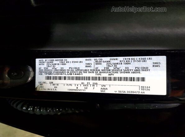 1FMCU0H61LUB14401 2020 FORD ESCAPE Black Widok naklejki z numerem VIN