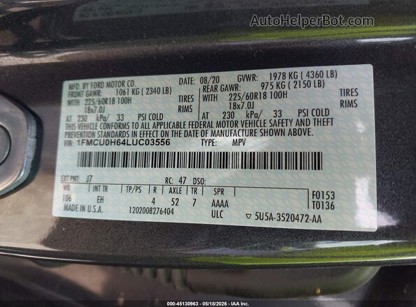 1FMCU0H64LUC03556 2020 FORD ESCAPE Gray Vista del compartimento del motor