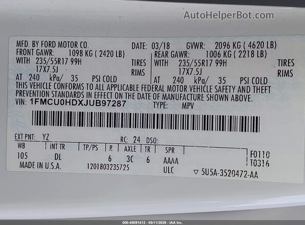 1FMCU0HDXJUB97287 2018 FORD ESCAPE White Vista del compartimento del motor