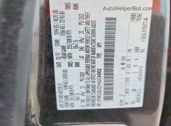 1FMCU0JD1HUC94902 2017 FORD ESCAPE Серый Вид наклейки с VIN-кодом