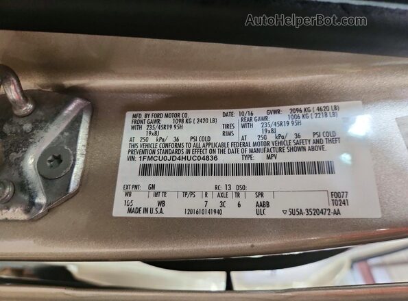 1FMCU0JD4HUC04836 2017 FORD ESCAPE Gold Widok naklejki z numerem VIN
