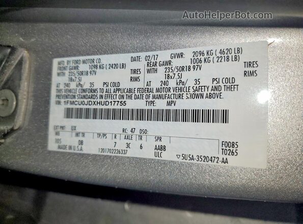 1FMCU0JDXHUD17755 2017 FORD ESCAPE Серебряный Вид наклейки с VIN-кодом