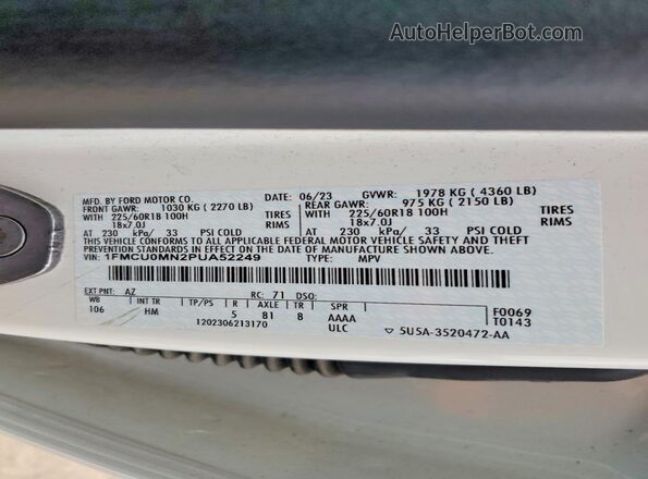 1FMCU0MN2PUA52249 2023 FORD ESCAPE White Панорамний вид салону 360°