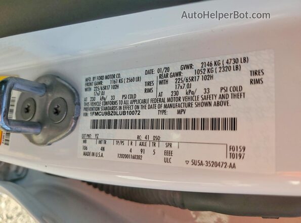 1FMCU9BZ0LUB10072 2020 FORD ESCAPE Белый Вид наклейки с VIN-кодом