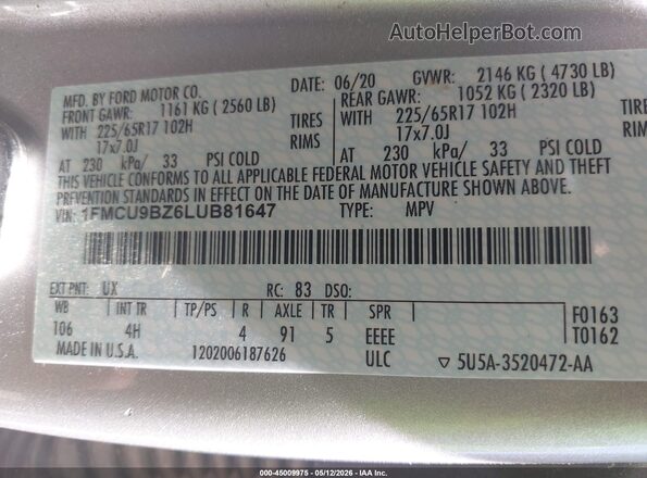 1FMCU9BZ6LUB81647 2020 FORD ESCAPE Серебряный Вид подкапотного пространства