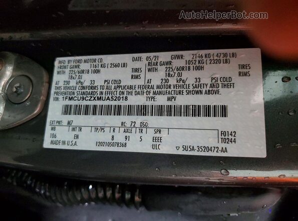 1FMCU9CZXMUA52018 2021 FORD ESCAPE Charcoal Widok wnętrza 360 stopni
