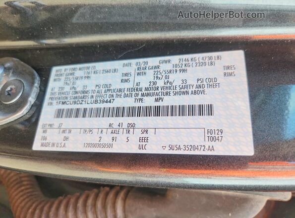 1FMCU9DZ1LUB39447 2020 FORD ESCAPE Черный Панорамный вид салона 360°