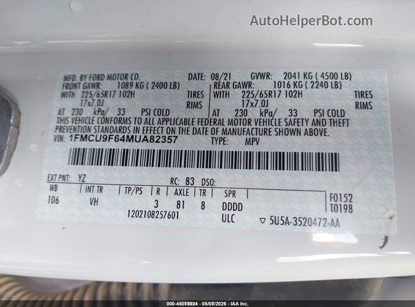 1FMCU9F64MUA82357 2021 FORD ESCAPE Белый Вид подкапотного пространства