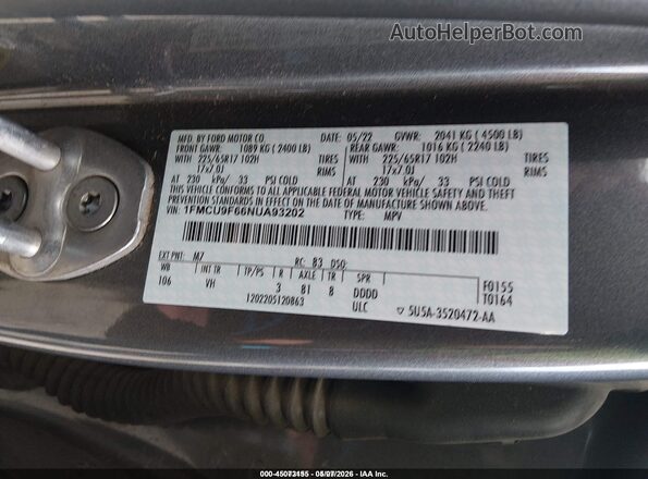 1FMCU9F66NUA93202 2022 FORD ESCAPE Серый Вид подкапотного пространства