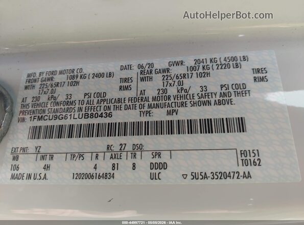 1FMCU9G61LUB80436 2020 FORD ESCAPE Белый Вид подкапотного пространства