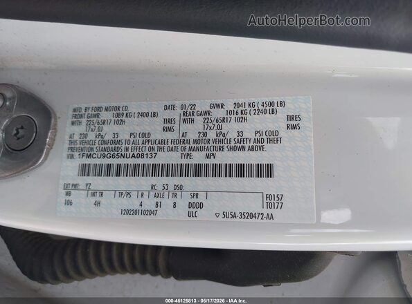 1FMCU9G65NUA08137 2022 FORD ESCAPE White Widok komory silnika