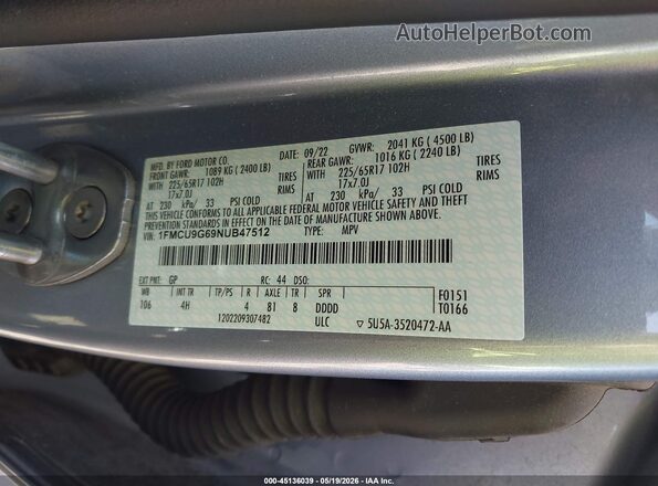1FMCU9G69NUB47512 2022 FORD ESCAPE Gray Widok komory silnika