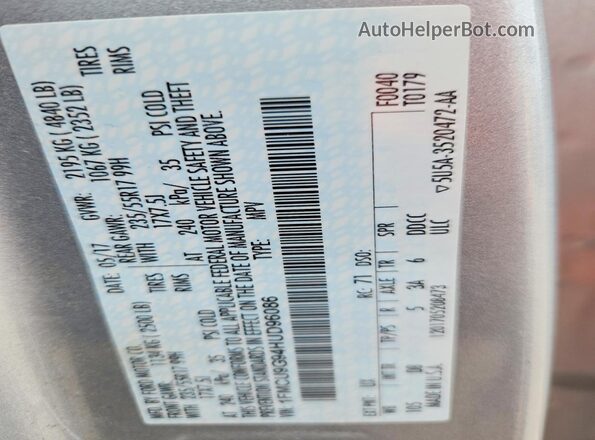1FMCU9G94HUD96086 2017 FORD ESCAPE Серебряный Вид наклейки с VIN-кодом