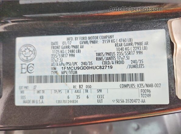 1FMCU9GD0HUC82719 2017 FORD ESCAPE Серый Вид наклейки с VIN-кодом