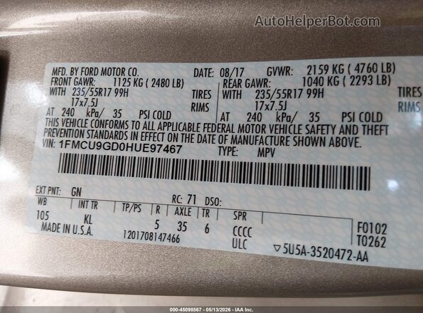 1FMCU9GD0HUE97467 2017 FORD ESCAPE Tan Vista del compartimento del motor
