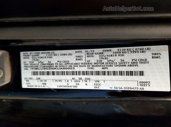 1FMCU9GD0KUA80003 2019 FORD ESCAPE Black VIN კოდის სტიკერის ხედი