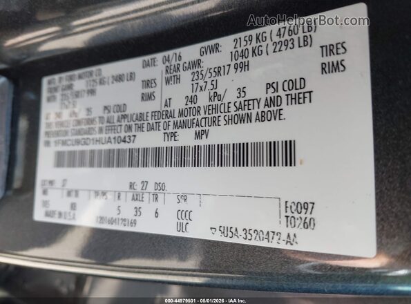 1FMCU9GD1HUA10437 2017 FORD ESCAPE Серый Вид подкапотного пространства