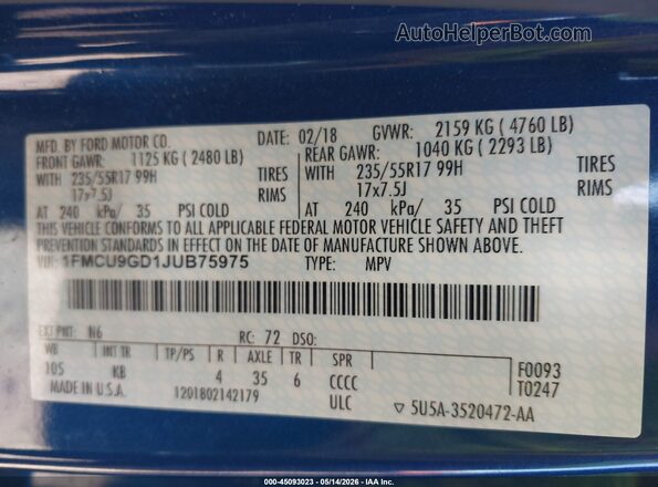 1FMCU9GD1JUB75975 2018 FORD ESCAPE Blue Widok komory silnika