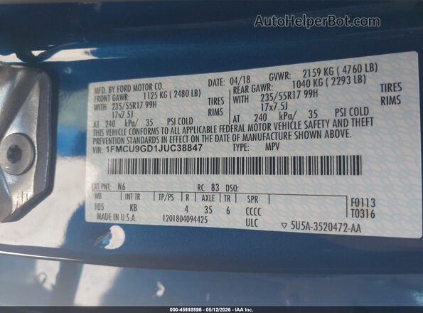 1FMCU9GD1JUC38847 2018 FORD ESCAPE Blue Vista del compartimento del motor