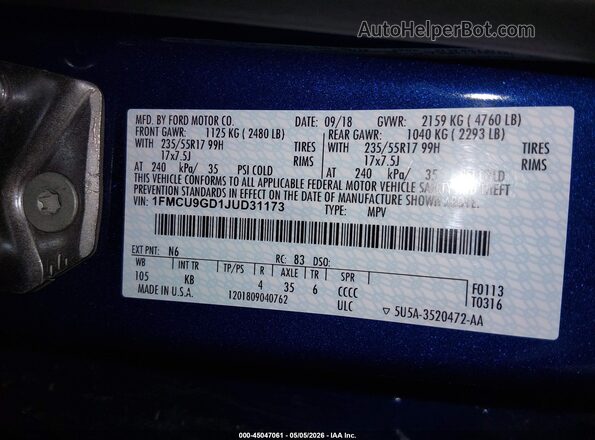 1FMCU9GD1JUD31173 2018 FORD ESCAPE Синий Вид подкапотного пространства