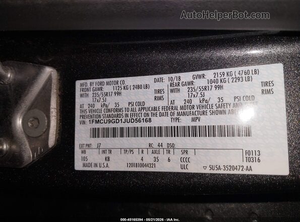 1FMCU9GD1JUD56168 2018 FORD ESCAPE Серый Вид подкапотного пространства
