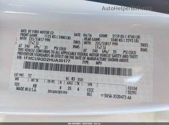 1FMCU9GD2HUA30177 2017 FORD ESCAPE White Вид підкапотного простору