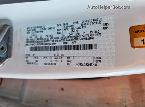 1FMCU9GD2HUB03449 2017 FORD ESCAPE White Vista de la etiqueta del VIN