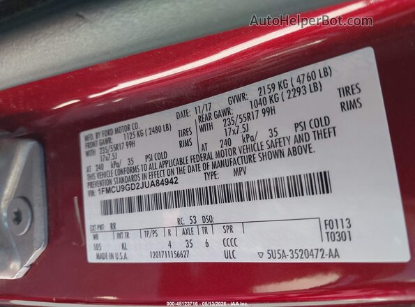 1FMCU9GD2JUA84942 2018 FORD ESCAPE Красный Вид подкапотного пространства