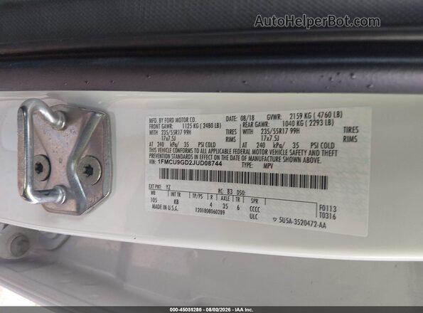 1FMCU9GD2JUD08744 2018 FORD ESCAPE White Widok komory silnika