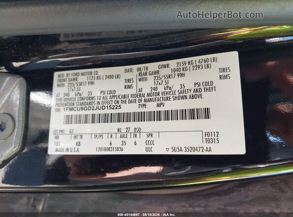 1FMCU9GD2JUD15225 2018 FORD ESCAPE Black ძრავის განყოფილების ხედი