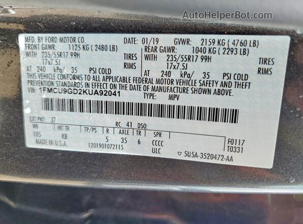 1FMCU9GD2KUA92041 2019 FORD ESCAPE Gray Вид наклейки з VIN-кодом