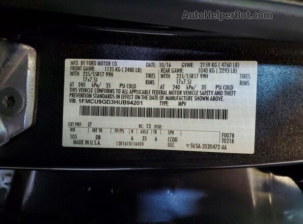 1FMCU9GD3HUB94201 2017 FORD ESCAPE Gray Vista de la etiqueta del VIN