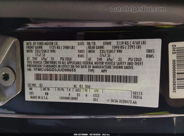 1FMCU9GD3JUD08655 2018 FORD ESCAPE Черный Вид подкапотного пространства