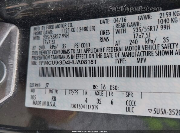 1FMCU9GD4HUA08181 2017 FORD ESCAPE Gray Widok komory silnika