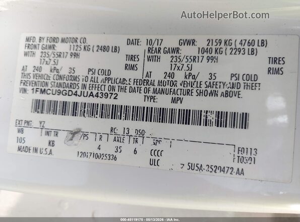 1FMCU9GD4JUA43972 2018 FORD ESCAPE White Widok komory silnika