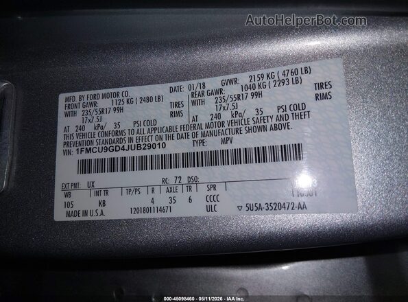 1FMCU9GD4JUB29010 2018 FORD ESCAPE Gray Widok komory silnika
