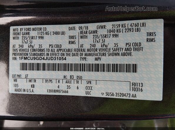 1FMCU9GD4JUD31054 2018 FORD ESCAPE Gray Vista del compartimento del motor