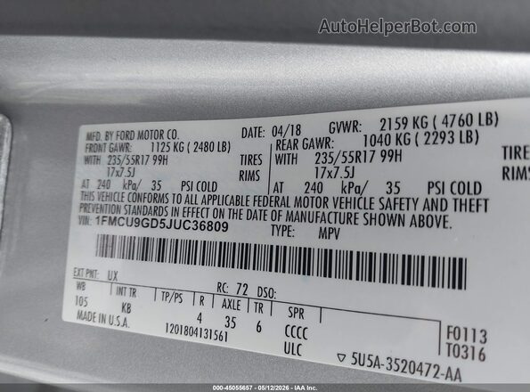 1FMCU9GD5JUC36809 2018 FORD ESCAPE Серебряный Вид подкапотного пространства